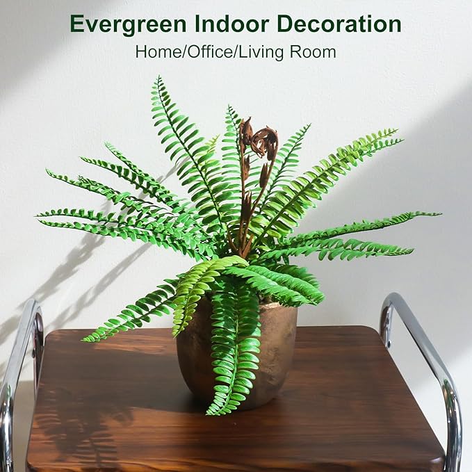 Artificial 21 Fronds Boston Ferns with Pot for Home and Outdoor Decor, Large Faux Fern Plants Decoration for Office & Living Room, Patio, Garden, Suitable for Christmas Decor (Golden Pot)