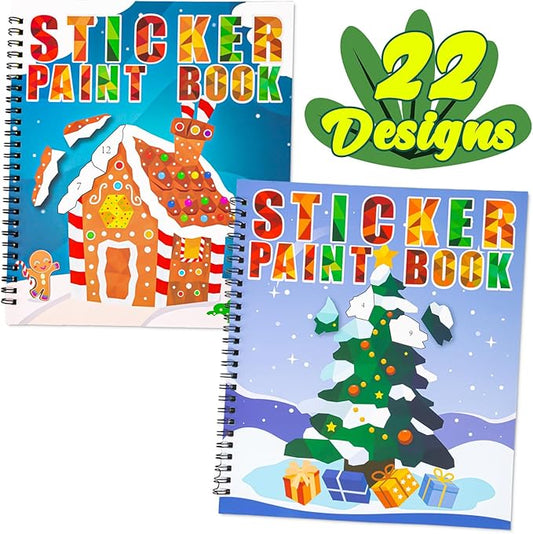 2PCS Christmas Crafts for Kids Ages 4-8 Sticker Paint Books - Includes Santa Clause Snowman Elf Gnome and More Designs Gift Party Create 22 Pictures