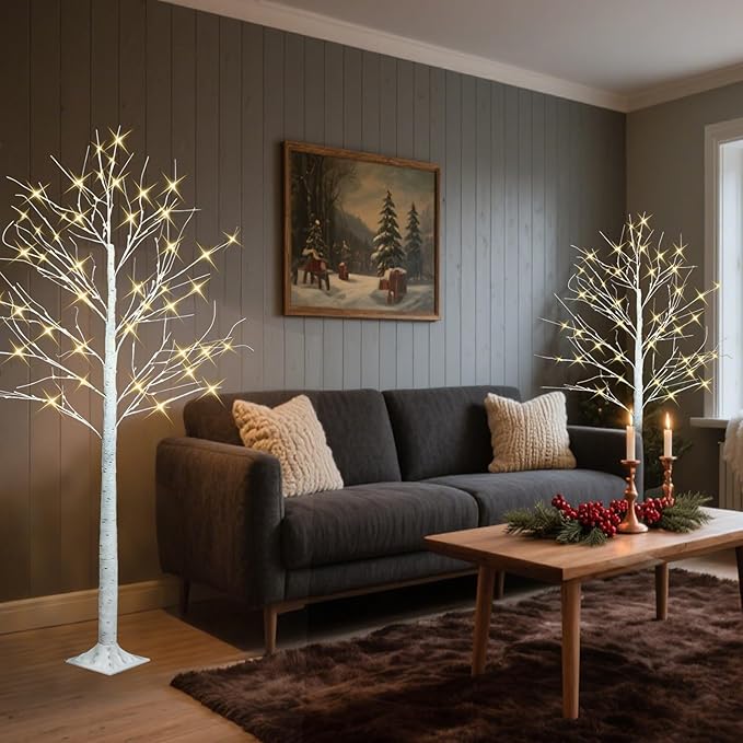 Set of 3 Lighted Birch Tree, 4FT 6FT 8FT Prelit Artificial Christmas Tree with Warm White LED Lights, Indoor Outdoor Christmas Decorations, Lighted Twig Tree for Home Yard Party Garden Decor
