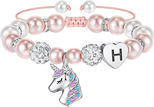 Hidepoo Christmas Gifts for Grandkids Girls - CZ Initial Unicorn Bracelet Adjustable Pink Pearl and Rhinestone Balls Heart Initial Unicorn Bracelets Jewelry Birthday Gifts for Girls Stocking Stuffers