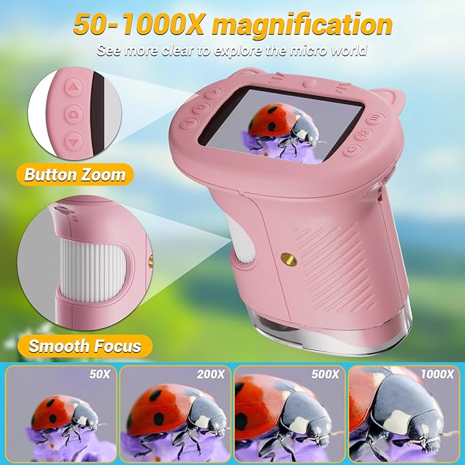 2.4" Screen Pocket Kids Microscope: 1000X Handheld Microscope for Photo and Video - Portable Science Kits STEM Toys – Christmas/Birthday Gifts for Girls & Boys Ages 3-12(Pink)