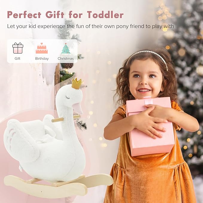 labebe Kids Rocking Horse White Swan with Little Plush Doll Toys, Stuffed Animal Wooden Rocker for Children 6 Months Boys and Girls/Nursery Christmas, Birthday Gift (Rocking Swan)