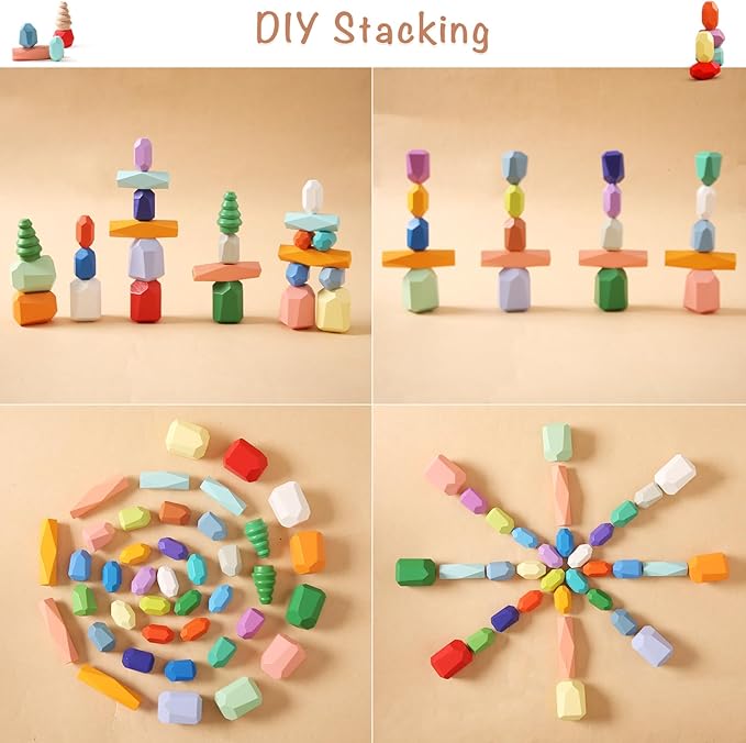 OESSUF Stacking Rocks 40Pcs Stacking Rocks Balancing Stacking Stones Wooden Stacking Toys Wooden Stone Stacking Game for Toddler Wood Sorting Montessori Stacking Rocks for Kids