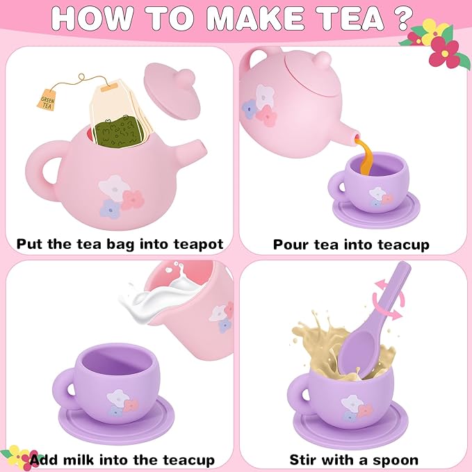 Silicone Tea Party Set for Little Girls,PRE-WORLD 27PCS Toys Toddler Tea Set with Play Food Dessert Cookies,Doughnut,Cake,Carrying Bag,Kids Kitchen Pretend Role Gifts for Girls Boys Age 3 4 5 6