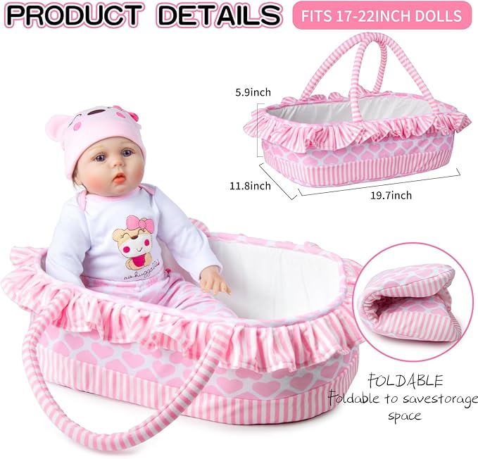 9 PCS Reborn Baby Doll Clothes Set with Pink Bassinet Accessories for 18-22 Inch Reborn Dolls,Newborn Baby Doll Clothes & Blanket