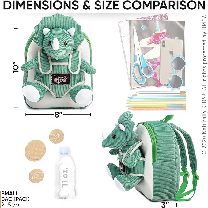 Green Triceratops Plush Stuffed Animal, Dinosaur Gifts for Kids 3-5, Dinosaur Backpack, Toddler Backpack for Boys, Girl