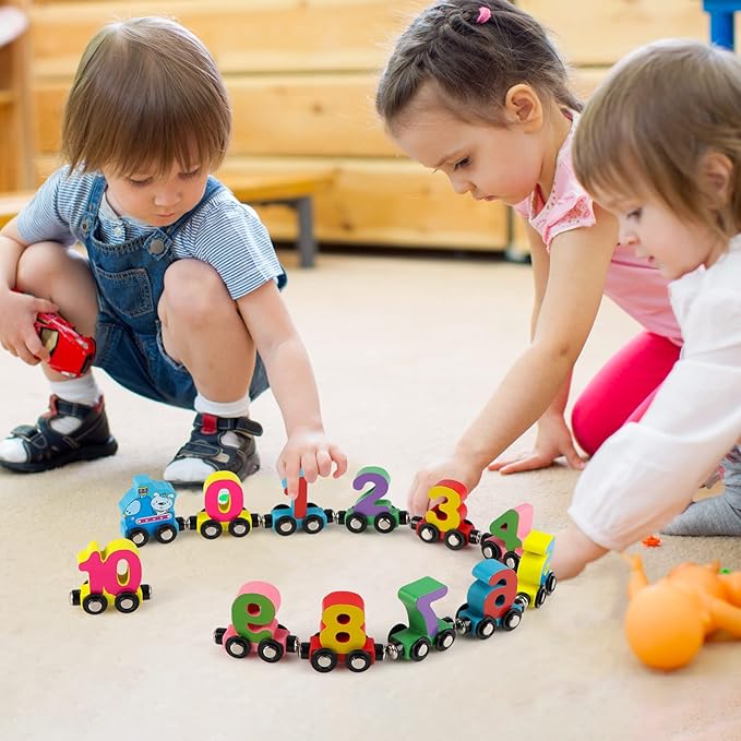 Wondertoys 12 PCS Wooden Number Train Set Toy Includes 1 Engine Cars for Toddlers Boys and Girls, Compatible with Major Brands Train Set Tracks