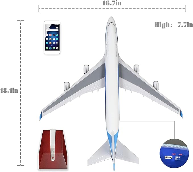 24-Hours 18” 1:130 Model Jet Airplane B747 Model Plane Aircraft Model Diecast Airplane for Adults with LED Light(Touch or Sound Control) for Decoration or Gift