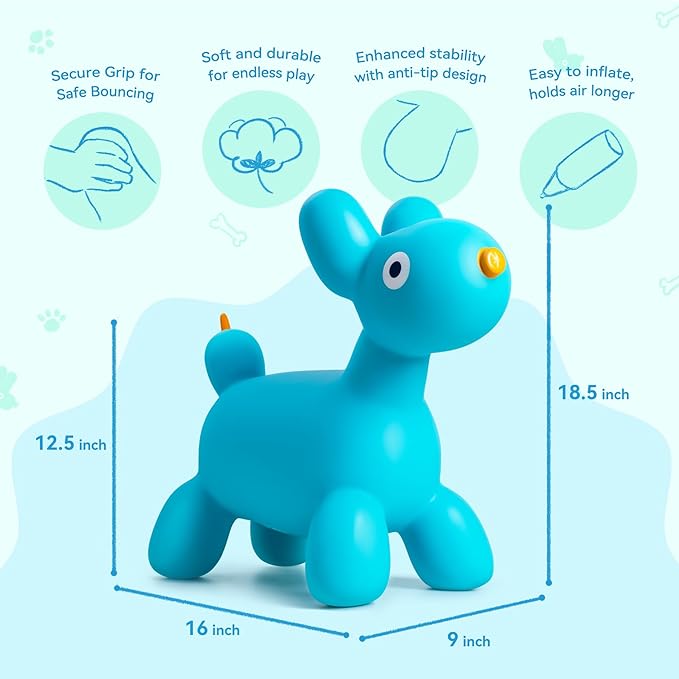 ZOOJOY Bouncy Animal Hopper, Blue Balloon Dog Bouncy Horse for Toddlers, Inflatable Ride-on Hopping Toys with Pump for Indoor & Outdoor Play, 3 4 5 6 7 Years Birthday Gift for Boys & Girls