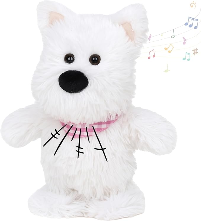 Hopearl Talking Singing Westie with Pink Bib Repeats What You Say Dog Walking Puppy Electric Interactive Animated Toy Speaking Plush Buddy Gifts for Toddlers, White, 9''