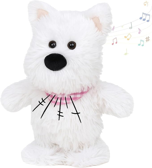 Hopearl Talking Singing Westie with Pink Bib Repeats What You Say Dog Walking Puppy Electric Interactive Animated Toy Speaking Plush Buddy Gifts for Toddlers, White, 9''