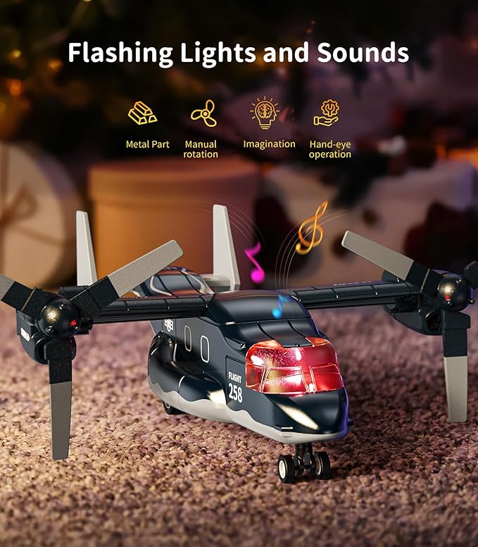 Geyiie Die Cast Airplanes Toys, Army Plane Toys Set for Kids 3-12, Fighter Jet Military Transport Helicopter with Rotated Wings, Airforce Plane Model with Sounds and Lights, 4 Pack