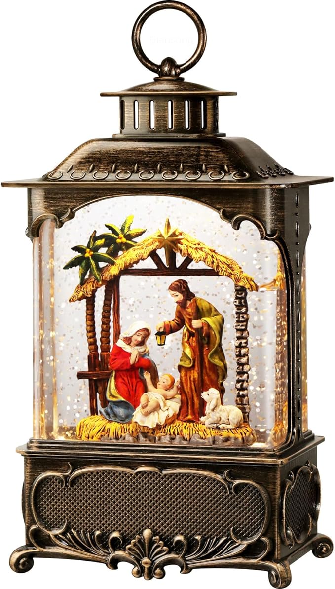 Nativity Snow Globe Lantern Christmas Decorations Gifts Auto Snowfall Glitter Music Collection Manger Sheep Pen Nativity Scene with 6H Timer USB/Battery Powered 10.2 inch