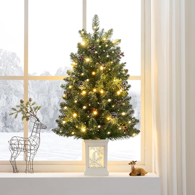 3 Ft Pre-Lit Christmas Tree, Artificial Christmas Tree with 78 Led Lights,8-Mode Battery Box,Timer Battery,Red Berry,Christmas Decoration for Home, Office,Fireside,Easy Installation