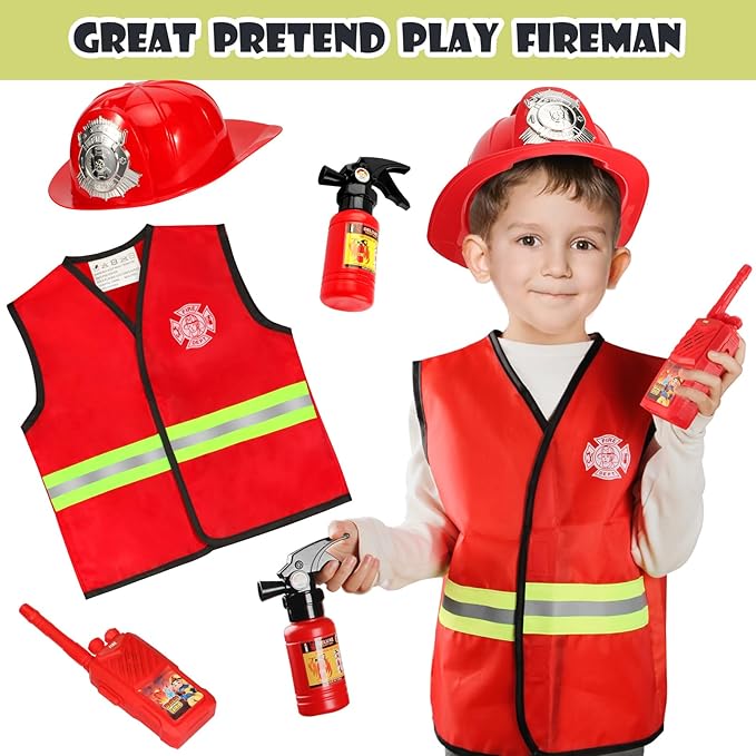 Boys Dress up Trunk Costumes Set,15pcs Pretend Role Play Set Fireman, Police, Construction Worker Costume with Accessories for Kids Ages 3-7