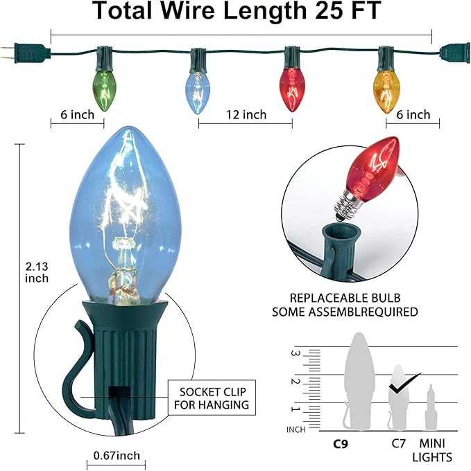 C7 Outdoor Christmas Light, 25Ft Vintage Christmas String Lights with 27 Clear Colorful Bulbs (2 Spare), Vintage Outdoor String Lights for Christmas Holiday Prom Roofline Party Wedding Decor-Green
