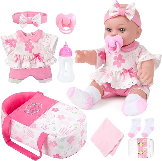 DONTNO 12 Inch Pink Baby Doll with Bassinet Bed,Reborn Baby Doll Includes Clothes and Accessories,Bottles,Nipple,Burp Cloth,Diaper,First Baby Dolls for Toddlers 36 Months and Up