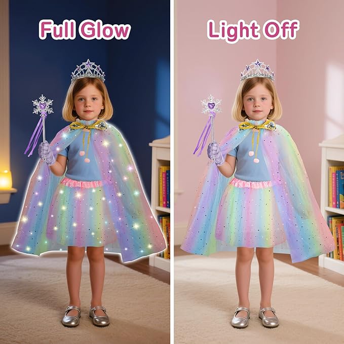 Princess Dress Up for Girls, Light Up Princess Costume Cape Set, Birthday Gifts Toys for Girls 3 4 5 6 Years Old