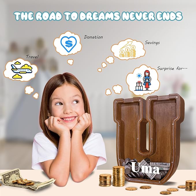 Personalized Wooden Letter Piggy Bank for Kids Larger Letter Piggy Bank for Boys and Girls Initial Coin Bank Customized Piggy Bank Perfect Wood Kids Money Bank for Birthday and Festival