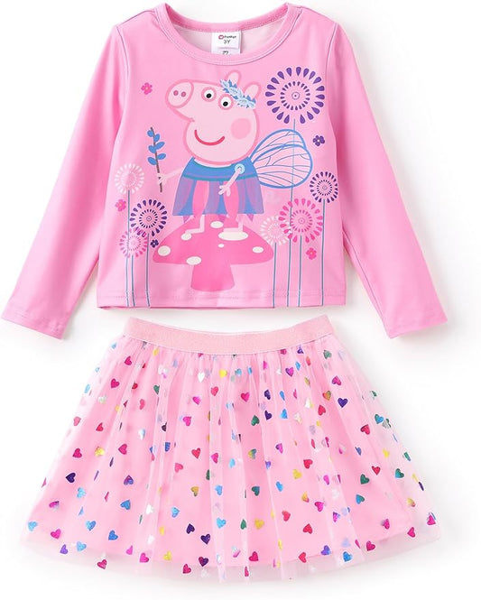 Peppa Pig Girls Skirt Sets Long Sleeves Top Shirt and Skirt Fall Outfits Cute Clothing Sets for Birthday Party Toddler Girl