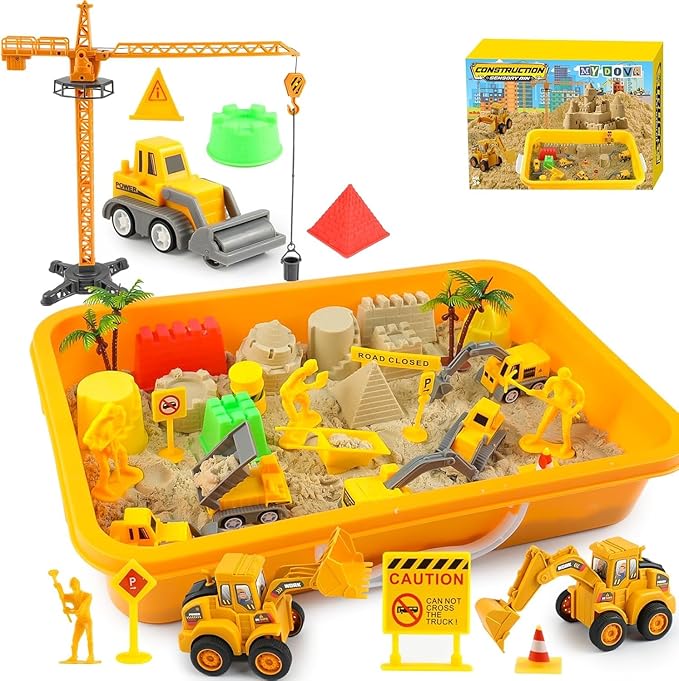 Sand Construction Site Kit - Play Sand Art Kit with 7 Construction Truck, 2lbs magic sand, Castle Molds, Crane, construction sensory bin for Preschool Learning Activities Gifts for Boys Girls Age 3+