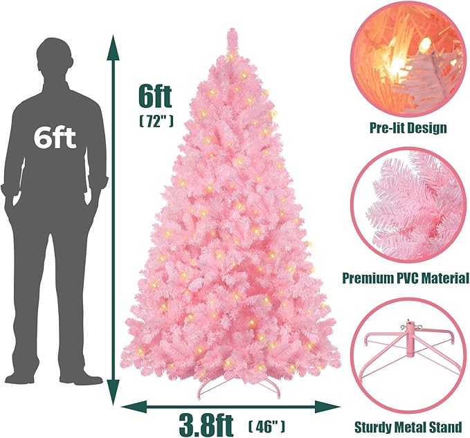 Annecy 6ft Pre-Lit Christmas Tree, Pink Artificial Full Spruce Christmas Tree for Home, Office, Party Decoration w/ 970 Branch Tips, 250 Warm White & Multi-Color Lights, Metal Hinges & Base, Pink 6ft