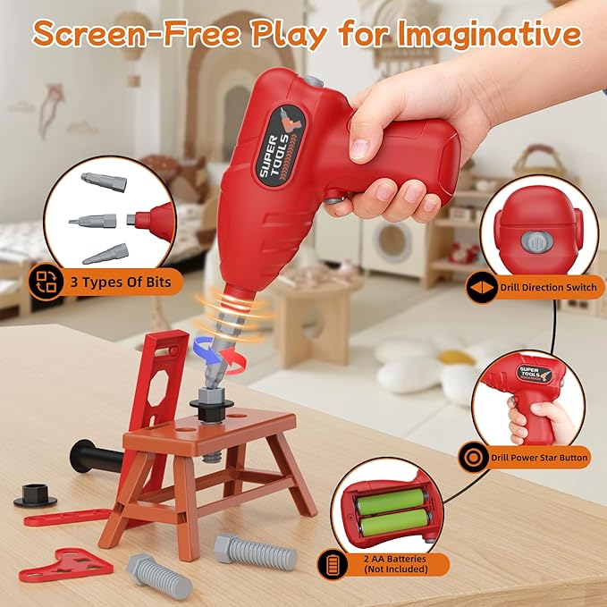 58-Piece Kids Tool Set with Realistic Power Toy Drill & Tool Box & DIY Stickers, Kids Construction Kits, STEM Pretend Play Boy Toys, for Toddlers Boy Ages 3-8
