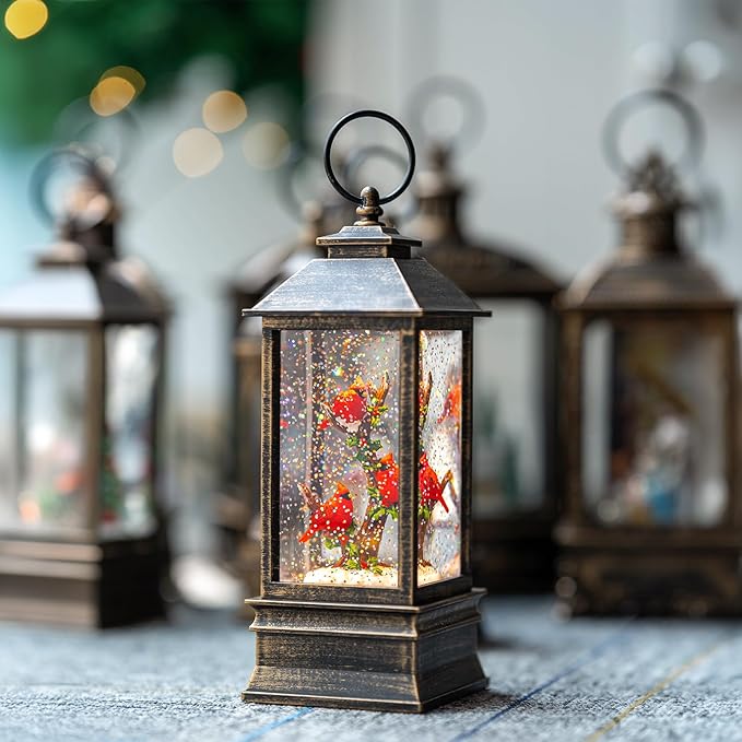 10'' Lighted Cardinal Music Snow Globe Water Lantern with Swirling Glitter Decoration for Christmas Home, Living Room, Battery Operated or USB Powered