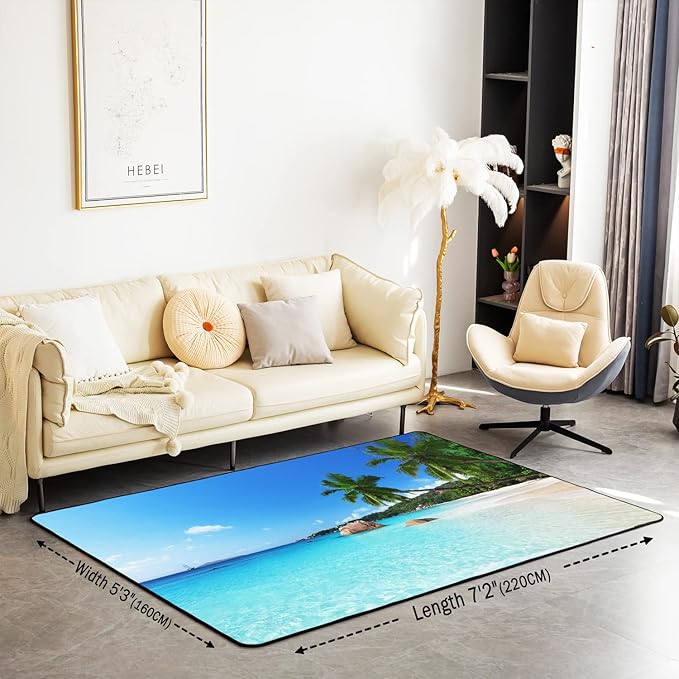 Ocean Area Rug 5x7, Palm Leaves Printd Rug, Summer Beach Hawaiian Vacation Style Non Slip Carpet, Green Palm Trees Tropical Nature Sea Theme Decorative Rug for Living Room