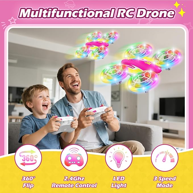 LED RC Drone for Kids 6+, Christmas Birthday Gift for Boys & Girls with Remote Batteries, 360° Flips, 3 Speed Modes, 45 Min Flight Indoor and Outdoor Flying Toy - RoseRed Yellow