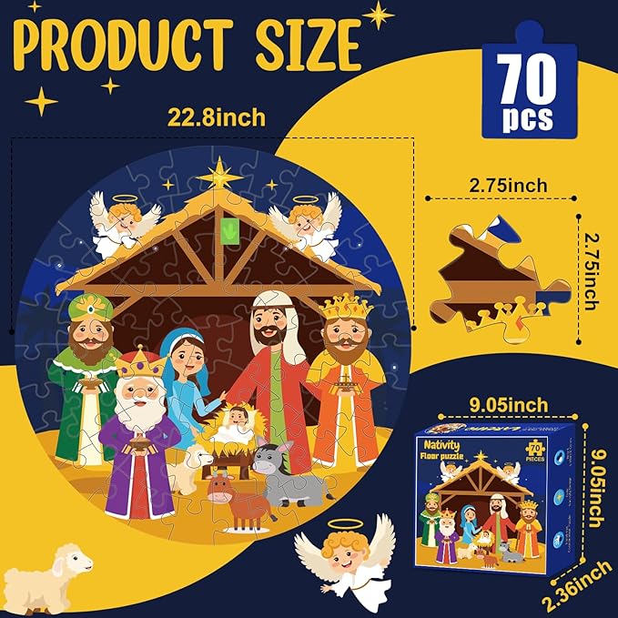 Nativity Scene Floor Puzzles for Kids Age 4-8, 70pcs Large Christmas Nativity Jigsaw Puzzles Educational Kids Puzzles Ages 3-6 for Kids Boys Girls