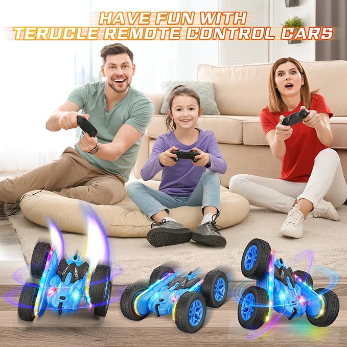 Remote Control Car, Rc Cars Stunt Kids Toys New Upgraded Strip Lights and Headlights Double-Sided 360° Rotating 4WD Drift Truck for Boys Girls Birthday Gift (Blue)