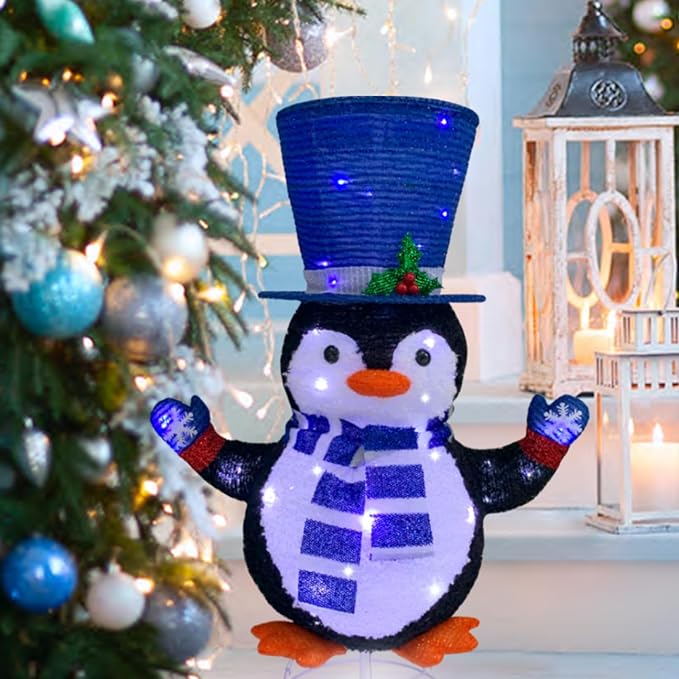 Lighted Penguin Outdoor Christmas Decorations, Pop-Up Penguin Outdoor Décor Prelit 60 Lights, Collapsible Lighted Blue Christmas Decorations for Porch, Yard, Garden-Blue