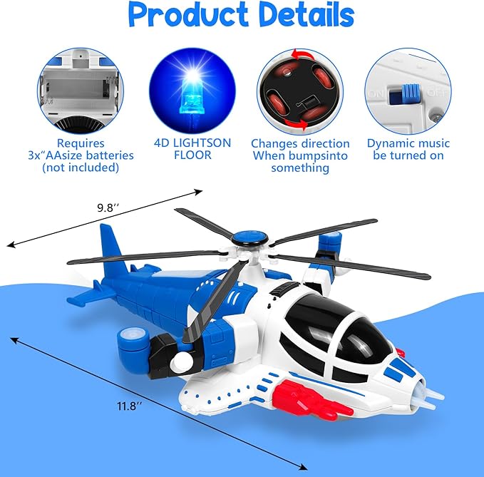 Helicopter Toy for Toddlers 1-3 With Lights And Sounds, 360°Freedom And Operated Automatic Bump Autism Sensory Light Up Toys Airplane for Toddler Boy Toys 2 3 4 5 Year Old Up Boy Girl Birthday (Blue)