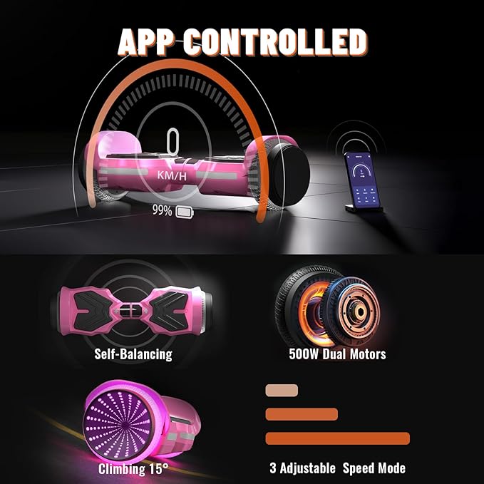 Scooter, Colorful LED Light-Up Wheels, Bluetooth Speakers and APP, Dual 250W Motors, 8.5 mph Max Speed & 8.5 Miles Max Range, Gifts for Kids Adults Girls Boys