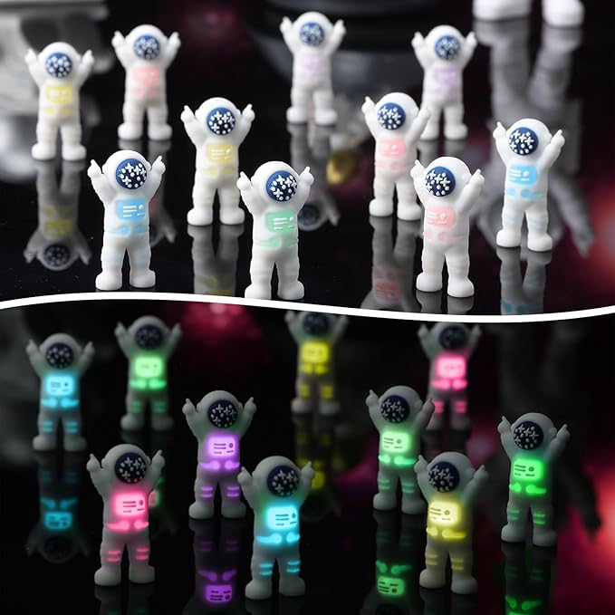 50 Pcs Mini Astronaut Figurines Glow in The Dark Miniature Astronaut Tiny Spaceman Toys for Space Party Piñata Cake Topper Kids School Classroom Prize Gift Hide and Seek (Partial Body Glow)