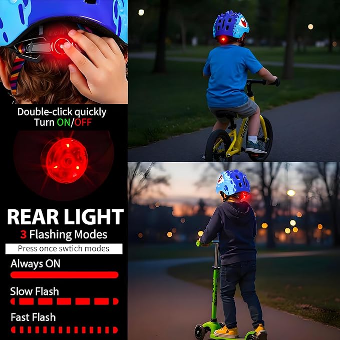 KINGBIKE Toddler Helmet 2-3-5-8 Years Kids Balance Bike Helmets Size Adjustable 3D Dinosaur with Led Light for Skateboard Scooter Cycling Skaterolling