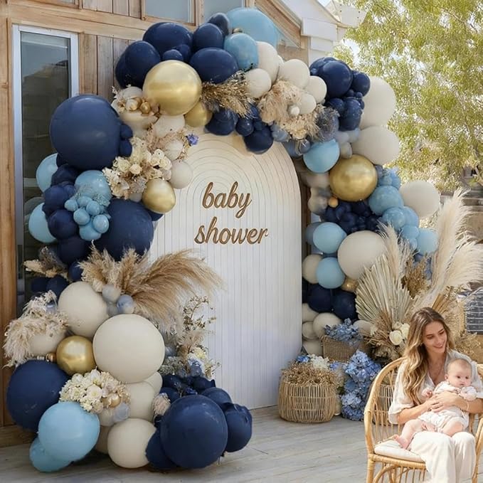 Navy Blue Balloon Garland Double Stuffed Dusty Blue Gold White Sand Balloons Beige Cream Metallic Latex Arch Kit for Neutral Baby Shower Gender Reveal Birthday Wedding Graduation Party Decorations