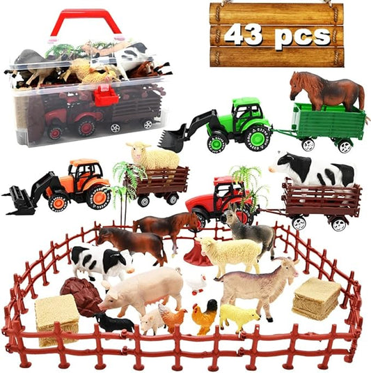Kimicare 3 Pack Farm Toy Tractor with 40pcs Plastic Farm Animals Figurines and Fence Farm Playset, Farm Figures Farmer Vehicle Toy Truck with Trailer for 3-12 Years Old Kids Boys Girls Toddlers
