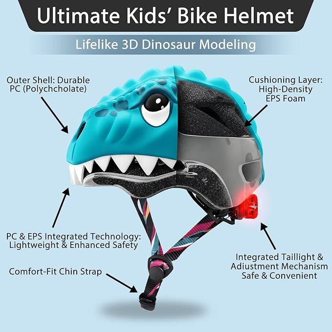 KINGBIKE Toddler Helmet 2-3-5-8 Years Kids Balance Bike Helmets Size Adjustable 3D Dinosaur with Led Light for Skateboard Scooter Cycling Skaterolling