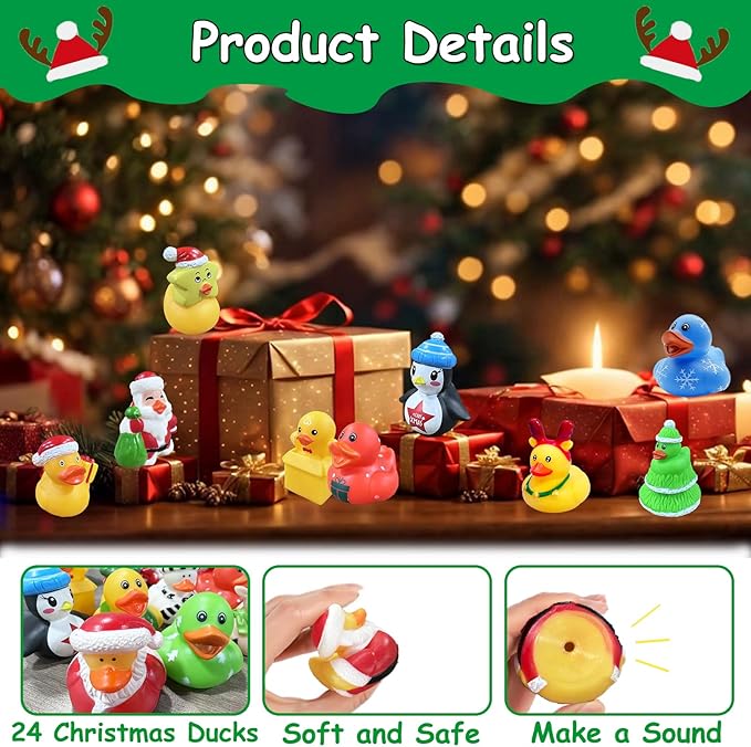 24 Pcs Christmas Rubber Ducks,Baby Bath Toys for Kids,Christmas Party Favors Supplies,Goodie Bags Fillers Stuffers for Christmas Decor,Baby Showers,Birthday Gifts(Christmas)