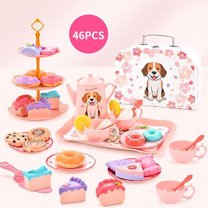 Dog Toys for Kids – Plastic Tea Party Set for Toddlers & Little Girls Ages 3-8, Puppy-Themed Pretend Play Kitchen Toy with Teapot, Cups, Saucers, Desserts & Tray | Birthday Gift Idea