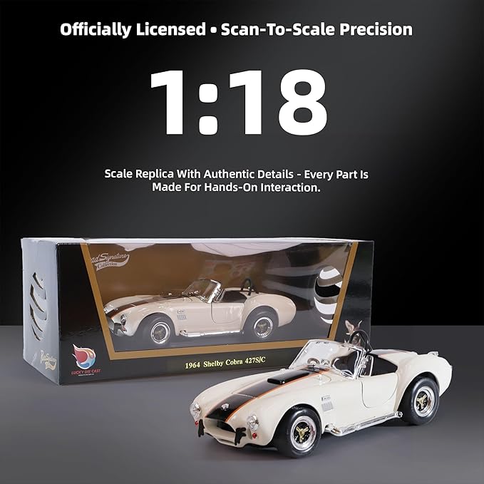 1964 Shelby Cobra 427S/C 1:18 Scale Diecast Model Premium Alloy Sports Cars with Display Case, Working Steering, Best Gift for Men, Dad & Kids 14+ Years Collector's Edition(White)
