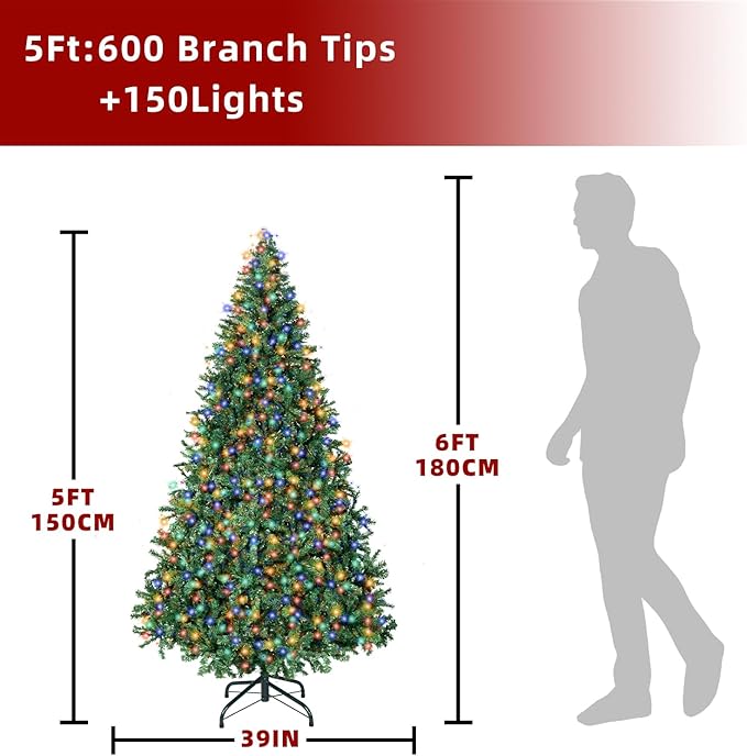 ININ 5FT Prelit Christmas Spruce Artificial Tree with Led Lights, Lighted Christmas Tree，Hinged Full Xmas Tree for Home Party Decoration,150 LED Lights,600 Branch Tips, Metal Hinges & Foldable Base.