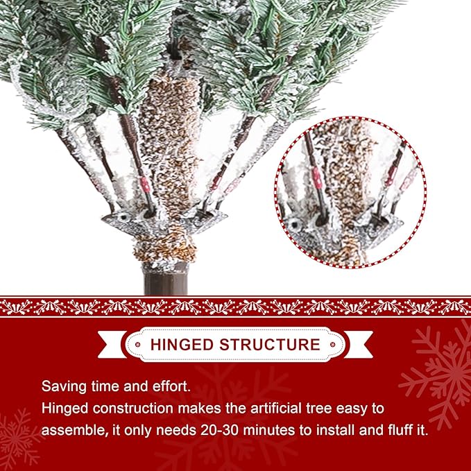 Glitzhome 8ft Prelit Christmas Tree, Artificial Christmas Tree with 450 Warm White Lights, Majestic Frostfall Fir Deluxe Flocked Christmas Tree w/1523 PE&PVC Branch Tips(Three Function)