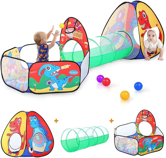 3pc Dinosaur Kids Play Tent with Tunnel and Ball Pit for Boys & Girls, Pop Up Playhouse Tent for Toddlers Indoor & Outdoor Use