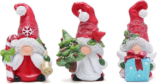 Hodao Christmas Gnome Decorations Set of 3 - Hand-Painted Resin Santa Gnomes with Candy Cane, Christmas Tree & Gift Box, Holiday Home Decor for Tiered Tray, Mantel, Tabletop, Windowsill