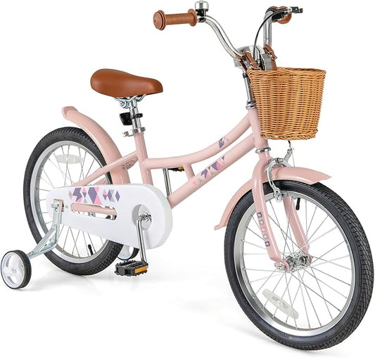 BABY JOY Retro Kids Bike, 12 14 16 18 Inch Child Bike for 3-8 Years Old w/Rattan Basket, Adjustable Height, Training Wheels, Fenders, Handbrake Coaster Brake, 95% Pre-Assembled Kids Bicycle for Girls