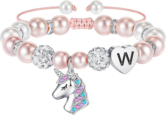 Hidepoo Christmas Gifts for Grandkids Girls - CZ Initial Unicorn Bracelet Adjustable Pink Pearl and Rhinestone Balls Heart Initial Unicorn Bracelets Jewelry Birthday Gifts for Girls Stocking Stuffers
