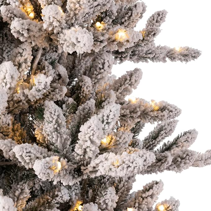 Glitzhome 7.5ft Pre-Lit Snow Flocked Fir Christmas Tree, Artificial Holiday Xmas Tree with 400 Warm White Lights and Metal Foldable Stand for Home, Office, Party Decoration
